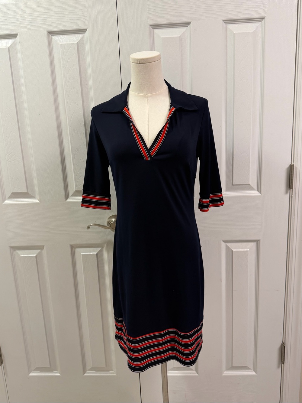En Focus Studio Navy Shift Dress Red White Stripe Trim Size 4
